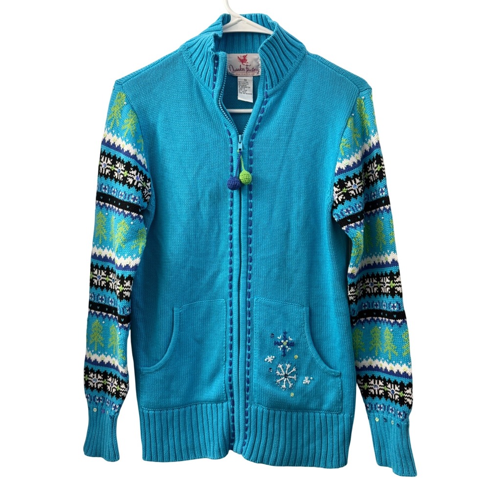 Quacker Factory Blue Fair Isle Snowflake Zip Cardigan Sweater XS Holiday Xmas